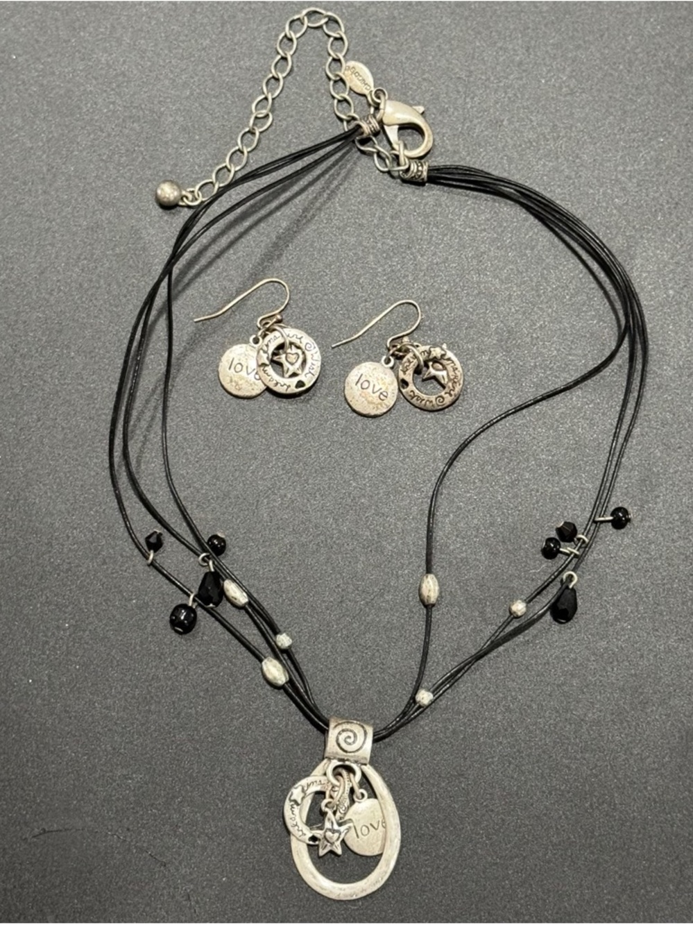 Chico’s Charm Silver-Tone 'Love' Pendant Necklace & Earrings Set - Black Cord